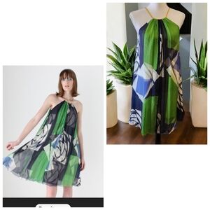 Y2K Catherine Malandrino Silk Multi Color Mini Trapeze Dress Size 4 EUC